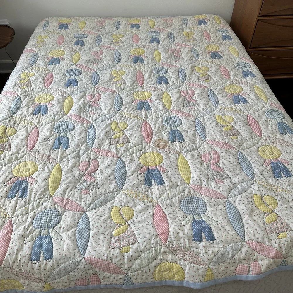 Vintage Sunbonnet Sue Sam Quilt Handmade Hand stitched Cotton Blue Pink Yellow